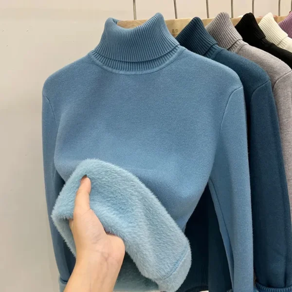 Thicken Velvet Turtleneck Sweater Women Korean Fashion Lined Warm Sueter Knitted Pullover Slim Top Winter Jersey Knitwear Jumper - Image 2