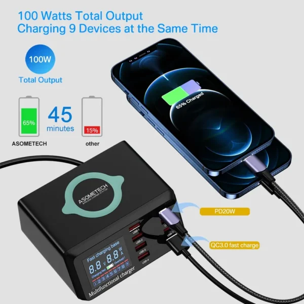 100W 8 Ports USB Charger Station With Wireless Charging Digital Display Screen QC3.0 PD3.0 Quick Charge For iPhone 14 13 Xiaomi - Image 2
