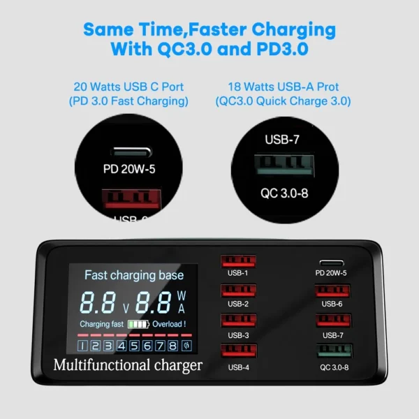 100W 8 Ports USB Charger Station With Wireless Charging Digital Display Screen QC3.0 PD3.0 Quick Charge For iPhone 14 13 Xiaomi - Image 3