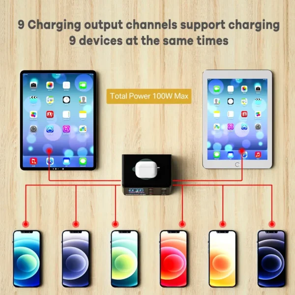 100W 8 Ports USB Charger Station With Wireless Charging Digital Display Screen QC3.0 PD3.0 Quick Charge For iPhone 14 13 Xiaomi - Image 4