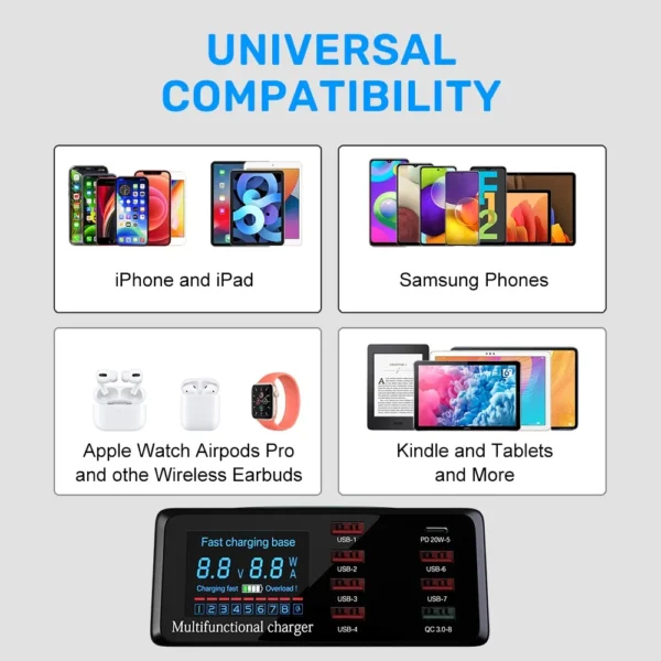 100W 8 Ports USB Charger Station With Wireless Charging Digital Display Screen QC3.0 PD3.0 Quick Charge For iPhone 14 13 Xiaomi - Image 6