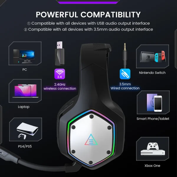 EKSA 2.4GHz Wireless Headphones E1000 WT 7.1 Surround Wired Gaming Headset Gamer with ENC Mic Low Latency for PC/PS4/PS5/Xbox - Image 6